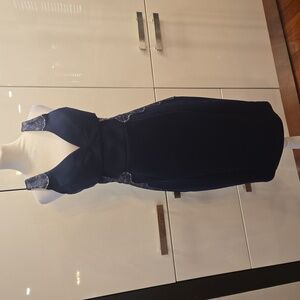 Lipsy London V Neck Lace Sleeveless Midi Cocktail Party Dress Blue Womens Size 8